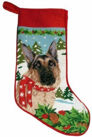 Festive German Shepherd Dog Needlepoint Christmas Stocking