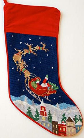 Festive Santa Reindeer Flight Wool Needlepoint Christmas Stocking